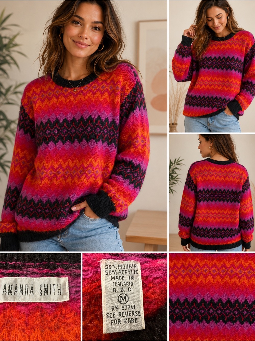 Vintage Amanda Smith Mohair Blend Colorful Geometric Sweater M Pink Orange Black